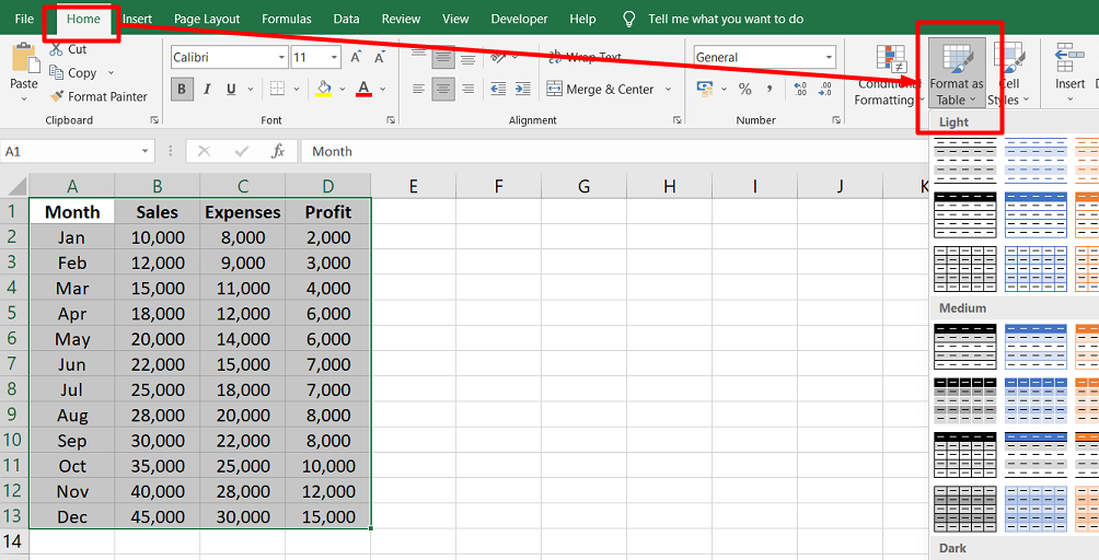 Excel styles