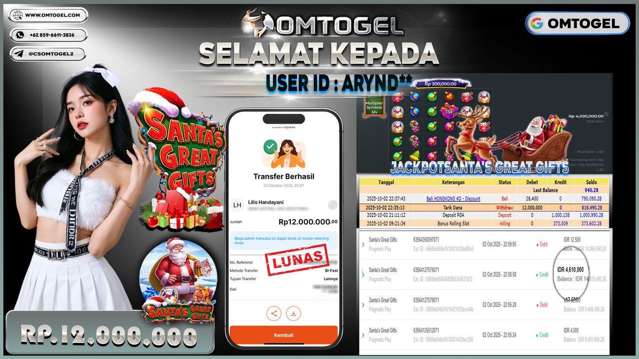 OMTOGEL JACKPOT PRAGMATIC PLAY SANTA GREAT GIFS 12 JUTA DI BAYAR LUNAS ,-