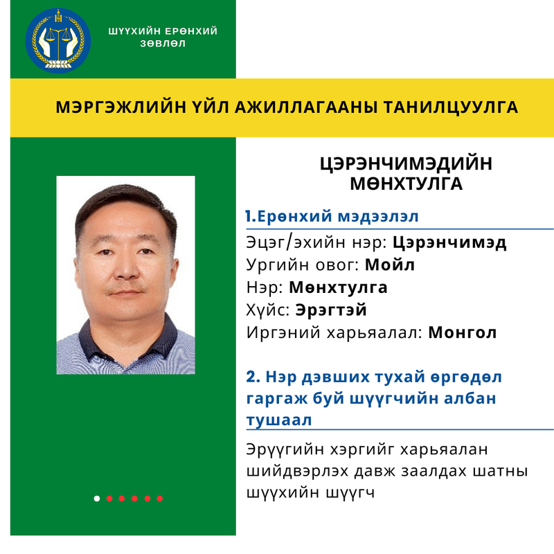 Эрүүгийн хэргийг харьяалан шийдвэрлэх Давж заалдах шатны шүүхийн шүүгчид нэр дэвшигч Ц.Мөнхтулгын мэргэжлийн үйл ажиллагааны танилцуулга