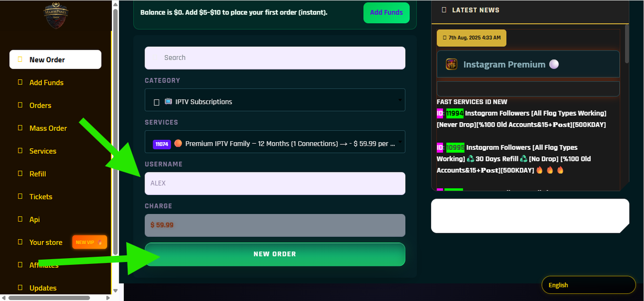 Add username and click order for IPTV Canada subscription