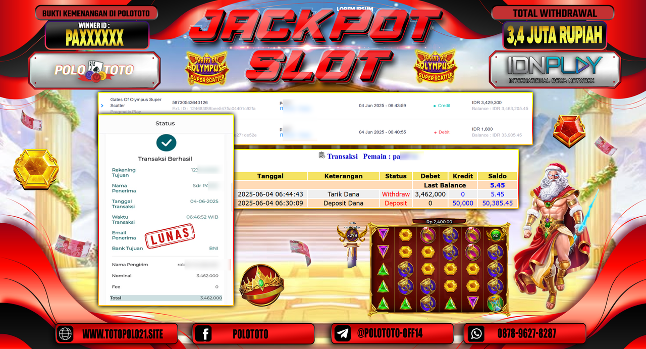 POLOTOTO JACKPOT SLOT GATES OF OLYMPUS SUPER SCATTER Rp.3.462.000,-