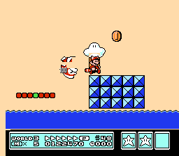 Tail-flipping Boss Bass and a brick containing a P-Switch while clipping through it in World 3-1.