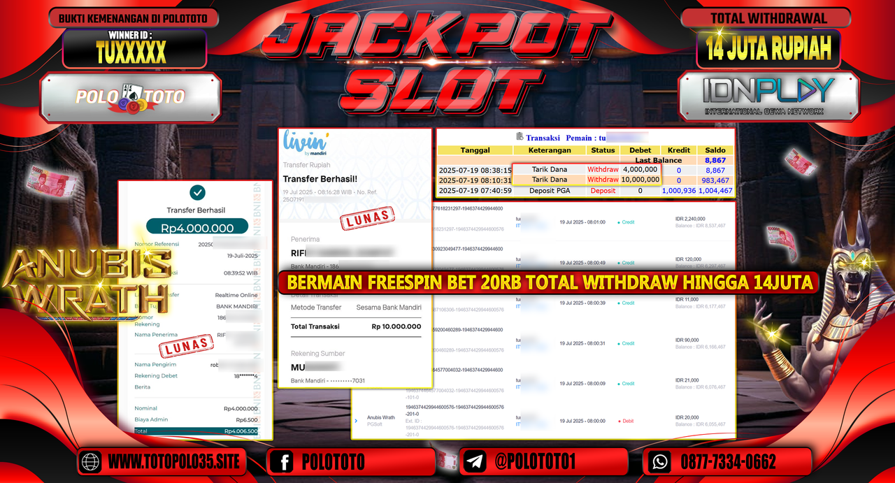 POLOTOTO JACKPOT SLOT ANUBIS WRATH Rp.14.000.000,- LUNAS