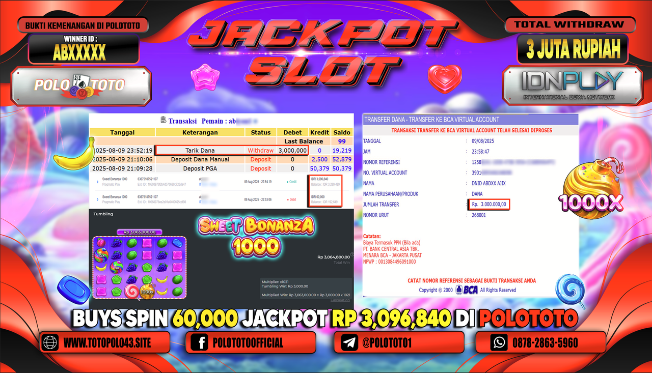 POLOTOTO JACKPOT SLOT SWEET BONANZA 1000 Rp.3.000.000,-LUNAS