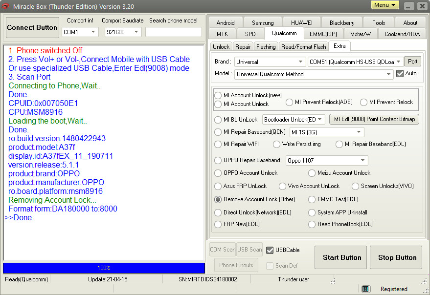 Oppo A37F Lock & Frp Reset Success In Edl Mode by Miracle Digital Login