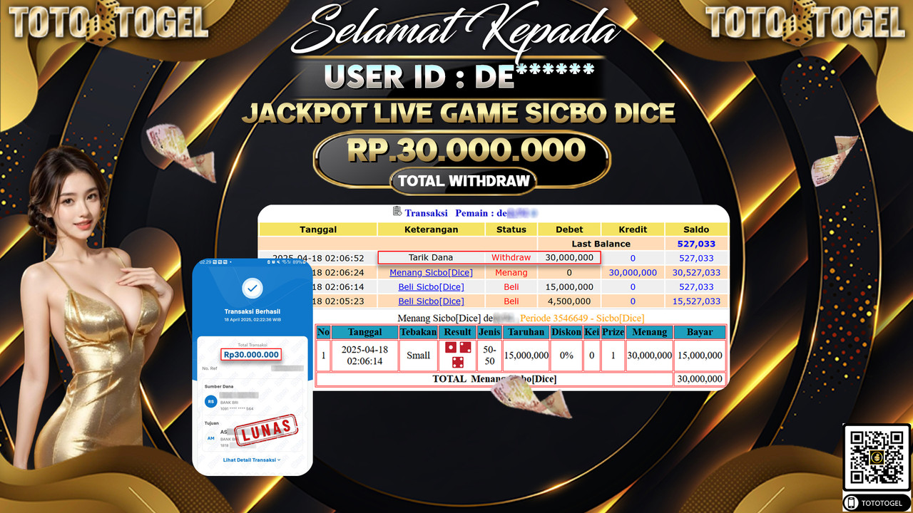 Bukti Pembayaran Jackpot  Permainan Live Game Sicbo Dice ID:DE****** LUNAS
