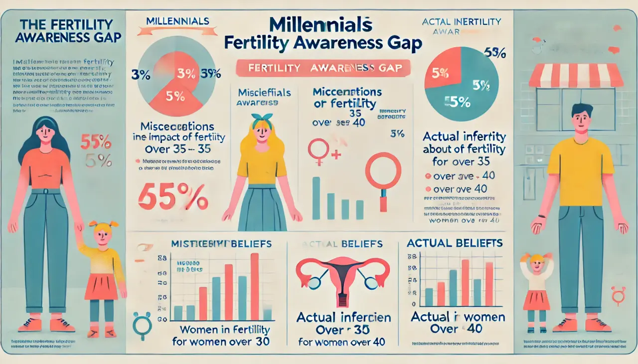 Infographic revealing millennials' awareness gap on fertility, showing that many underestimate the impact of age on fertility, with incorrect assumptions about infertility rates over age 35 and 40.