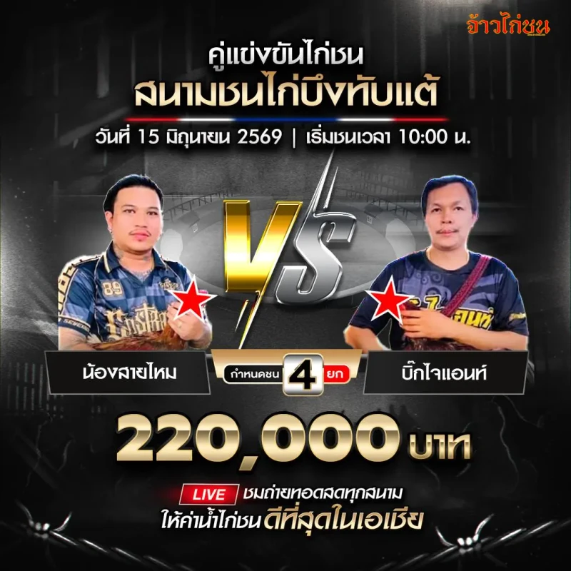 น้องสายไหม vs บิ๊กไจแอนท์ สนามชนไก่บึงทับแต้ 15 มิถุนายน 2026