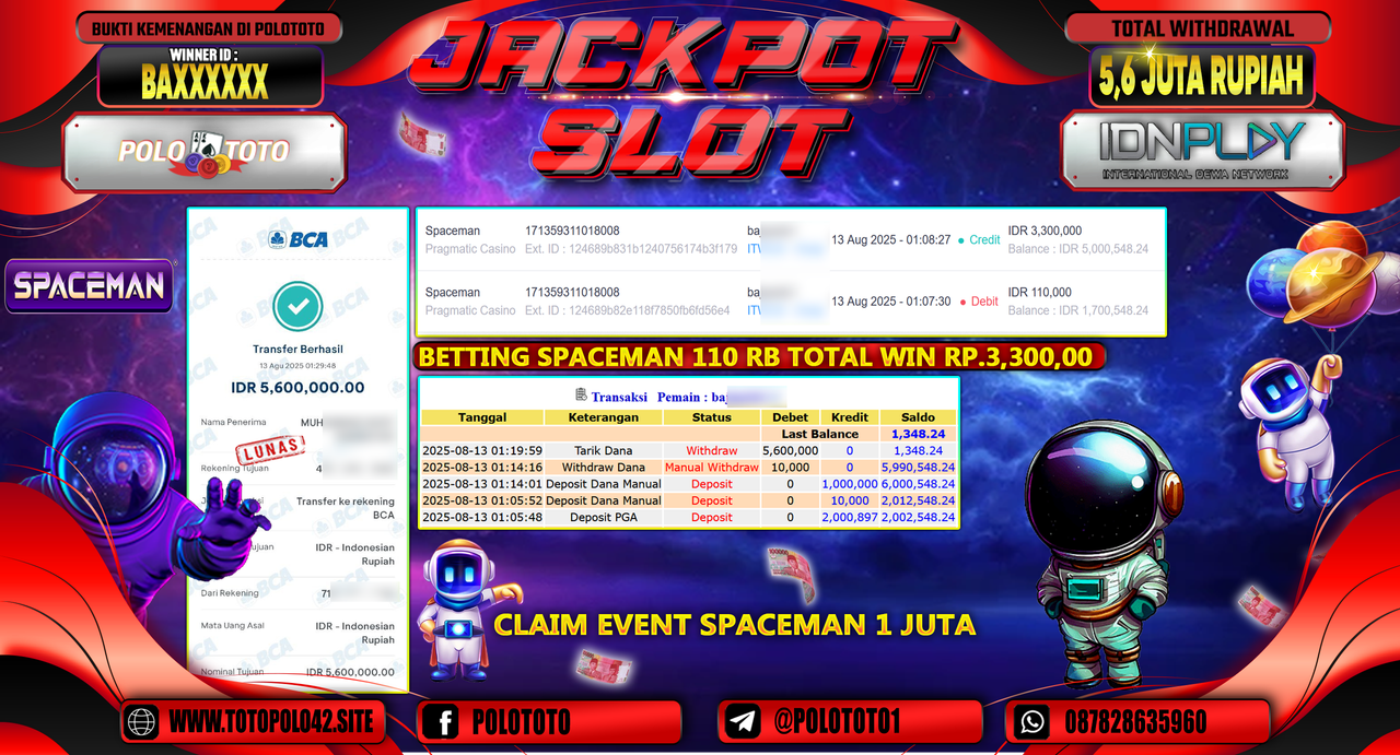 POLOTOTO JACKPOT SLOT SPACEMAN Rp.5.600.000,-LUNAS