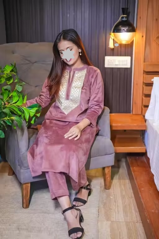 Women's Woolen Velvet Kurta and Pant Set | Winter Wear | Warm Velvet Ethnic Outfit | V-Neck Embroidery Lace Work Design | Pitch Color Color 2 (KS129)