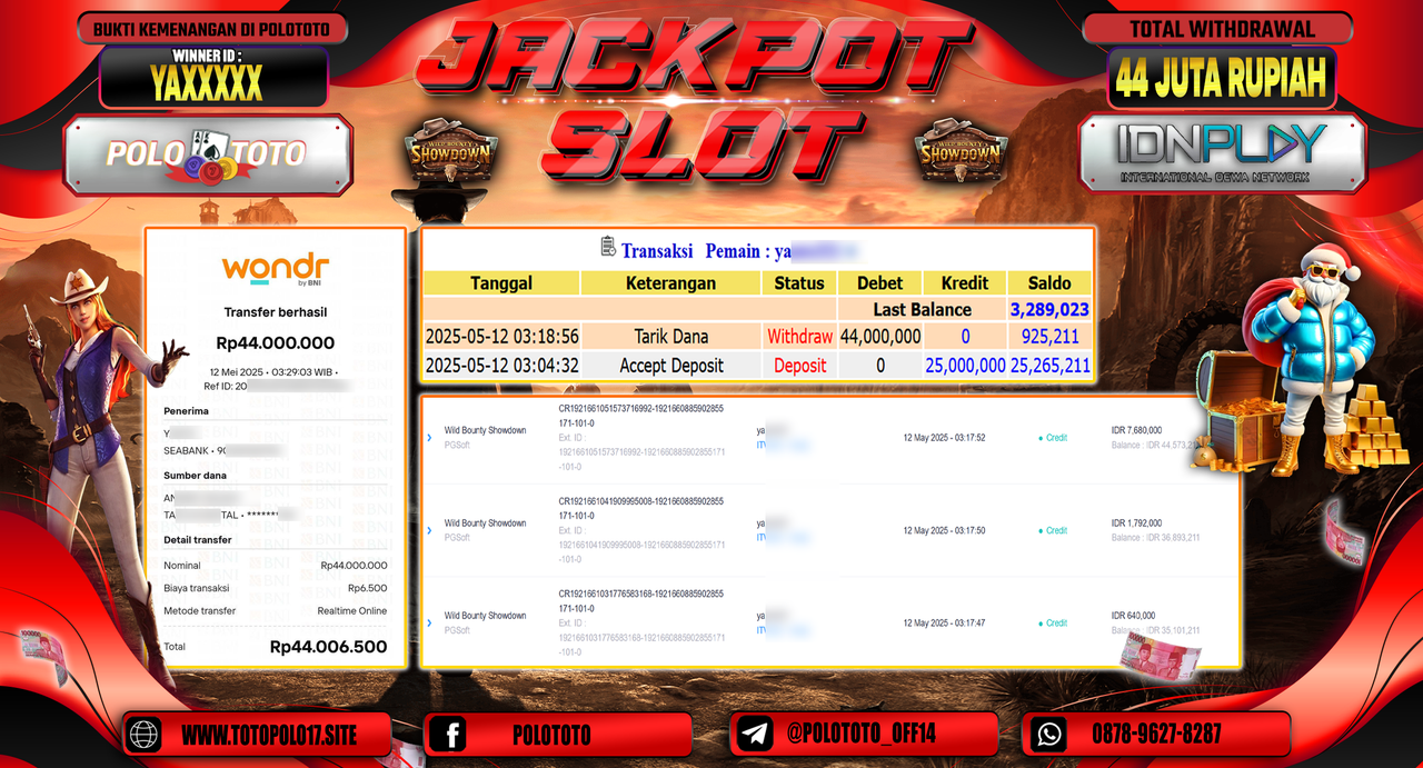 POLOTOTO JACKPOT SLOT WILD BOUNTY SHOWDOWN Rp.44.000.000,-
