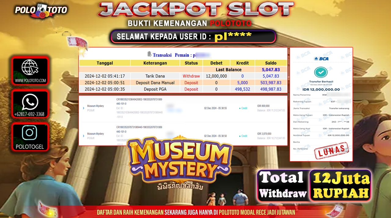 POLOTOTO JACKPOT SLOT MUSEUM MYSTERY Rp.12,000.000,-