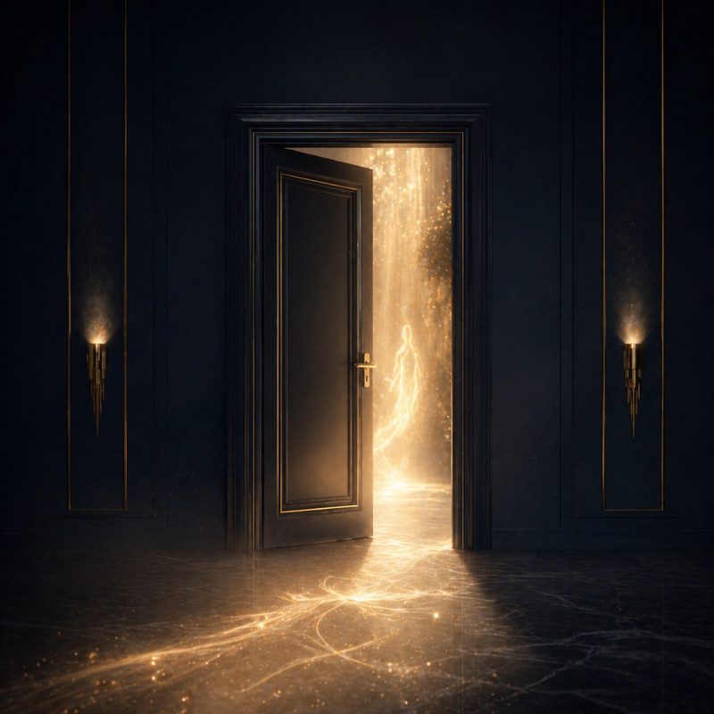 Apertura de caminos con puerta entreabierta y luz dorada