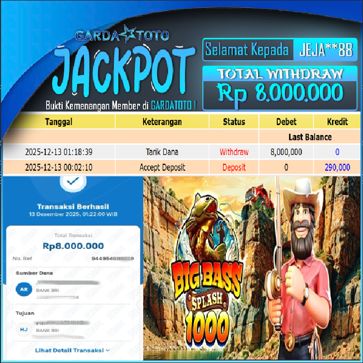 JACKPOT DI PERMAINAN SLOT PRAGMATIC PLAY Big Bass Splash 1000 WD Rp8.000.000