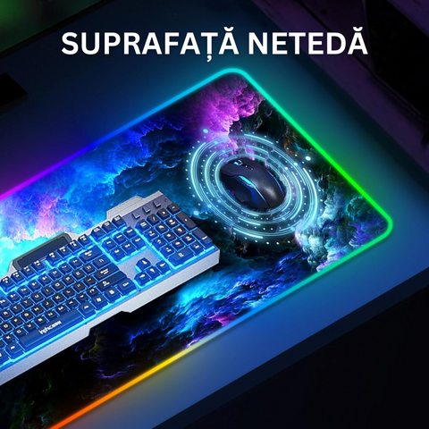 Голяма гумирана подложка за мишка, за игри, бюро, офис, с RGB LED осветление, неплъзгаща се, шевове против разкъсване, водоустойчива, модел на вълни, включен USB кабел, 80 x 30 см, многоцветен