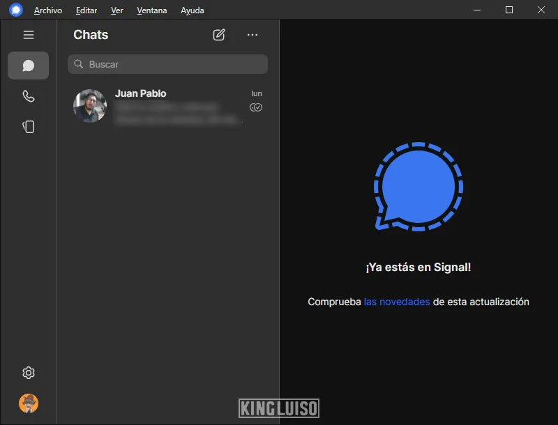 Pantalla de inicio dando la bienvenida al usuario con la opción de «Chats» abierto