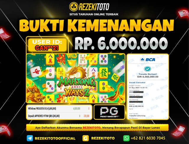 BUKTI KEMENANGAN 1 SEPTEMBER 2025 MAHJONG WAYS 2 6 JUTA 
