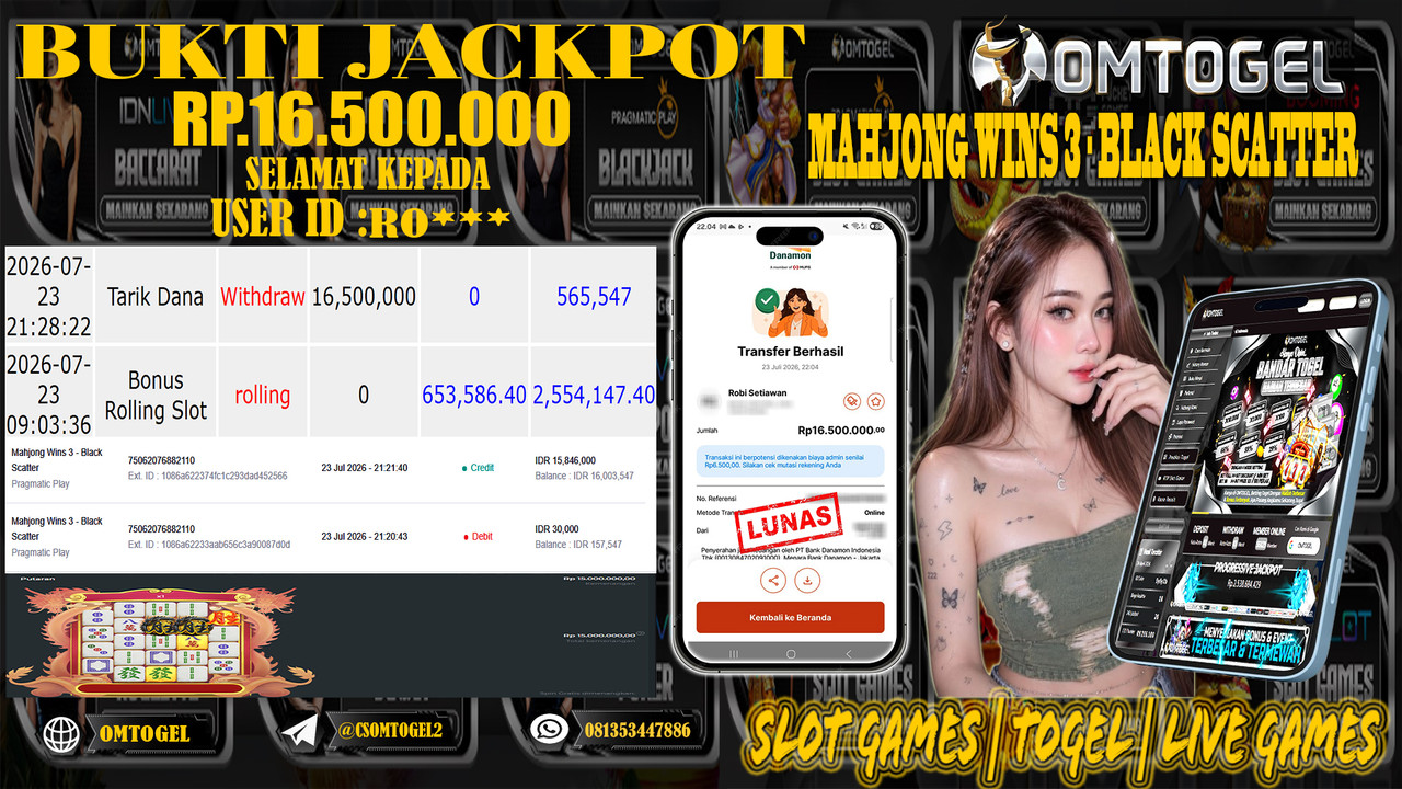 OMTOGEL JACKPOT PRAGMATICPLAY MAHJONG WINS 3 BLACK SCATTER  Rp,16,500,000,- DIBAYAR LUNAS