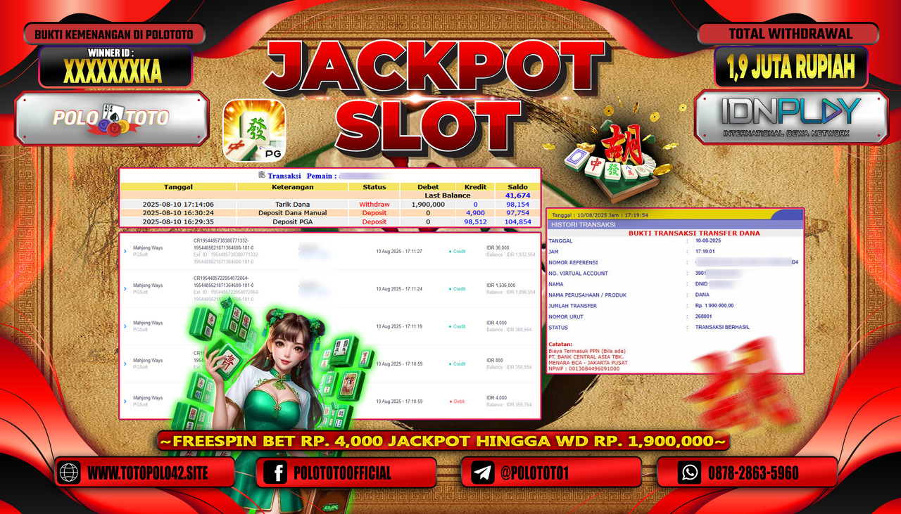 POLOTOTO JACKPOT SLOT MAHJONG WAYS Rp.1.900.000,-LUNAS