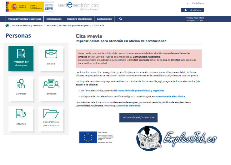 Sede electrónica del SEPE para solicitar Cita previa