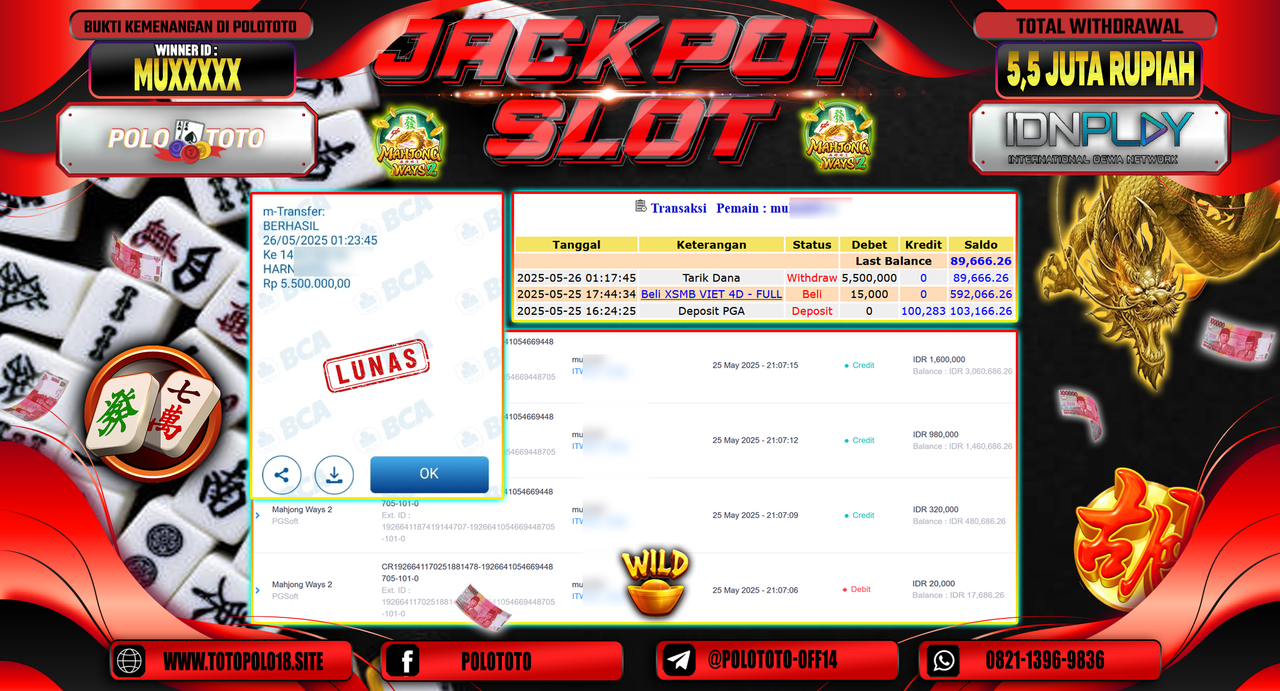 POLOTOTO JACKPOT SLOT MAHJONG WAYS 2 Rp.5.500.000,-