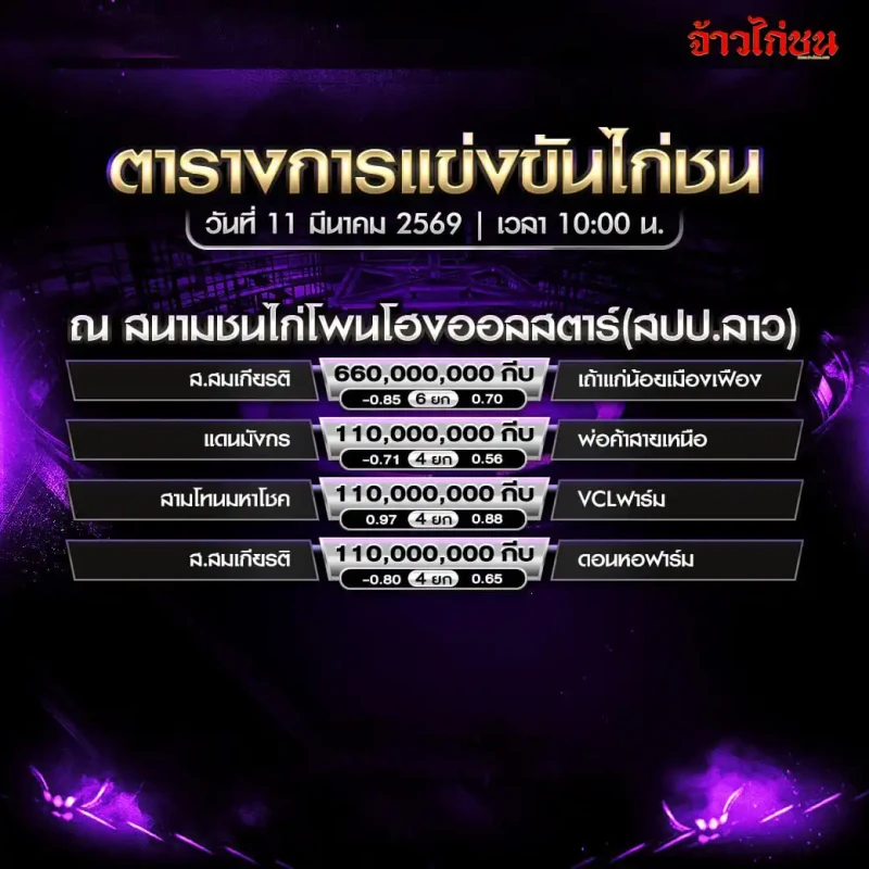 โปรแกรมไก่ชน สนามชนไก่โพนโฮงออลสตาร์ สปป.ลาว วันที่ 11 มีนาคม 2569