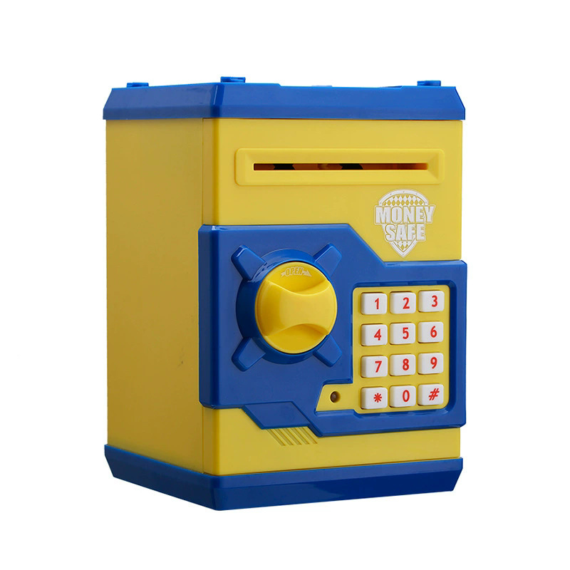 Yellow and Blue Electronic Password Piggy Bank — An ATM-style automatic money-rolling safe featuring a digital keypad lock, 4-digit password security, and a coin slot. Powered by three AA batteries (not included), this educational and developme