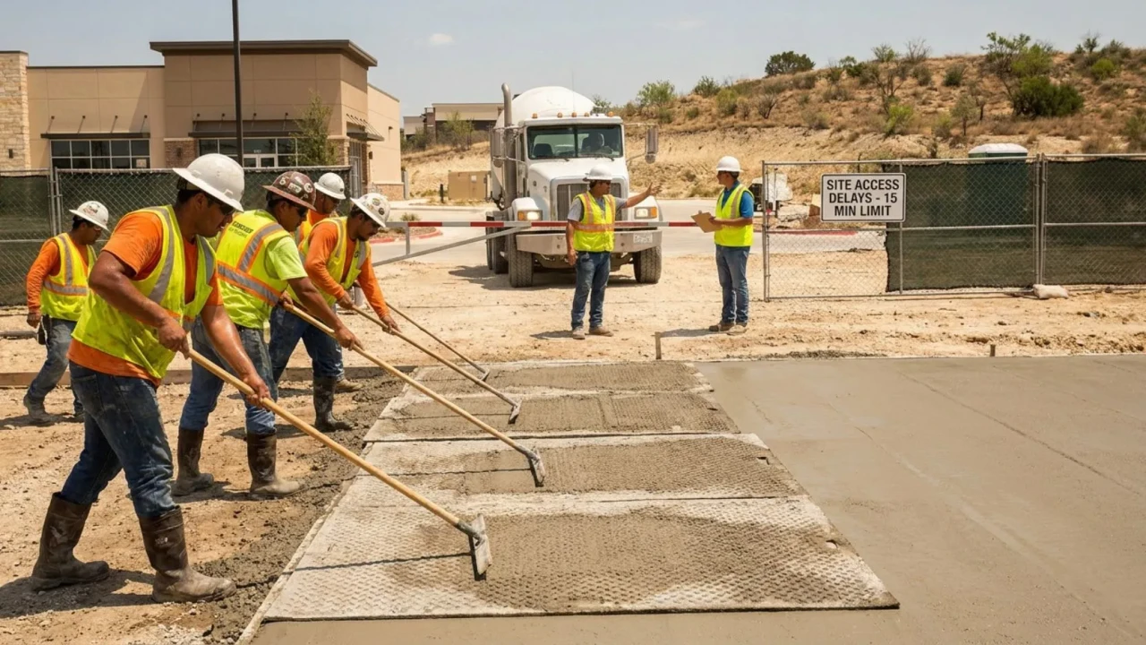 Affordable Concrete San Antonio crew member pressing a stone-pattern stamp mat into fresh poured concrete on a San Antonio residential patio  the pattern must be pressed while the concrete is still in its plastic workable stage
