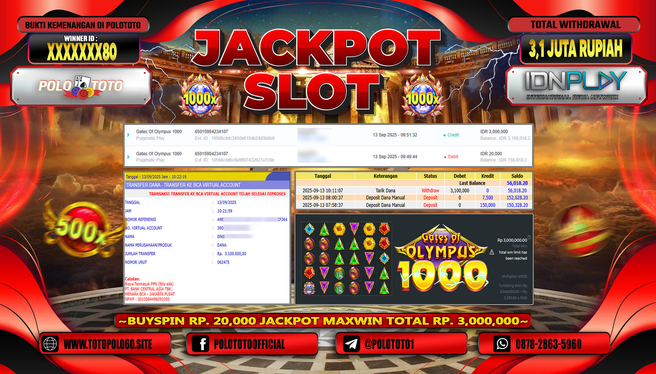 POLOTOTO JACKPOT SLOT GATES OF OLYMPUS 1000 Rp.3.100.000,-LUNAS