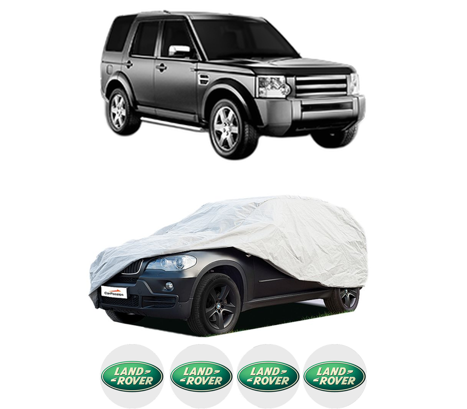 Husa tip prelata auto pentru LAND ROVER DISCOVERY III VAN (L319) din 2007-2009, Culoare Gri, material textil impermeabil, rezistanta la intemperii praf UV, CARPASSION Husa Protectie, 4 Stickere auto cu LAND ROVER