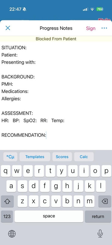 Clinikey SBAR template in use