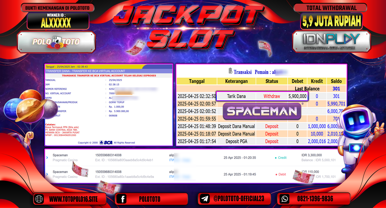 POLOTOTO JACKPOT SLOT SPACEMAN Rp.5.900.000,-