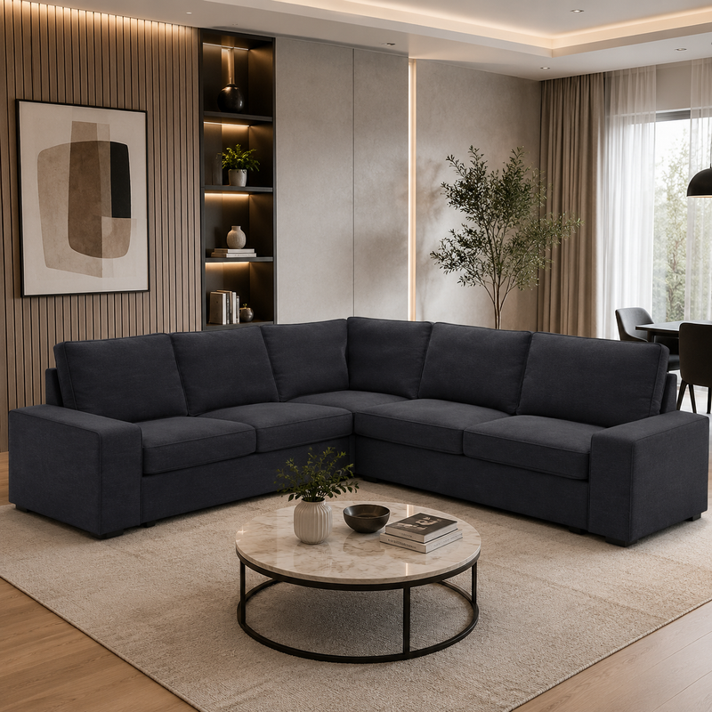 كنبة زاوية رُكنة على شكل حرف L بتصميم عصري قماش عالي الجودة - اللون رمادى غامق - مقاس 260 / 260 × 90 × 85 سم