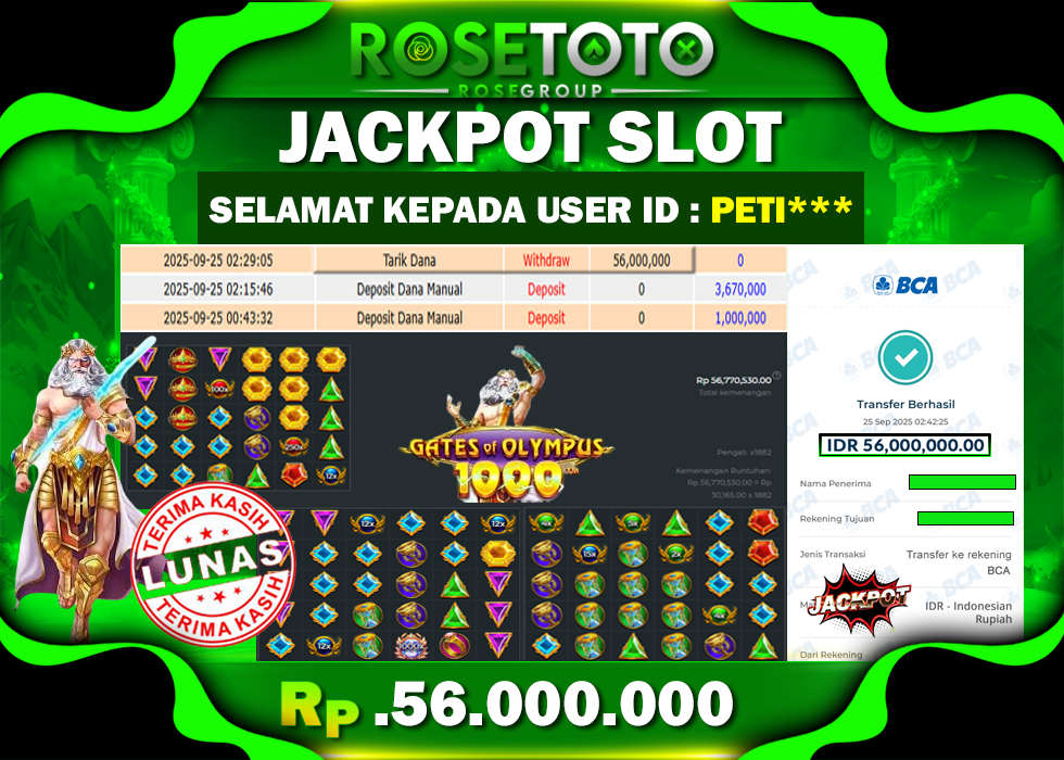 ROSETOTO JACKPOT SLOT GATES OF OLYMPUS 1000 Rp.56.000.000.,- LUNAS