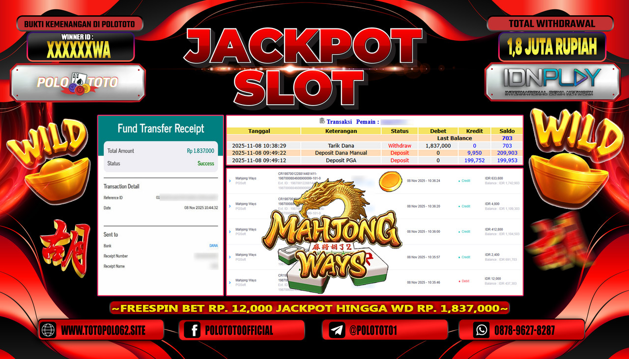 POLOTOTO JACKPOT SLOT MAHJONG WAYS Rp.1.800.000,- LUNAS