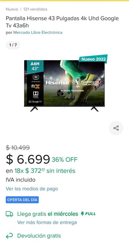 Mercado Libre: Pantalla Hisense 43 Pulgadas 4k Uhd Google TV 43A6H 
