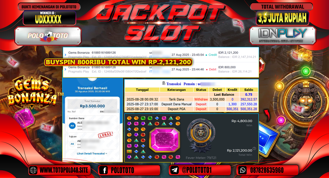 POLOTOTO JACKPOT SLOT GEMS BONANZA Rp.3.500.000,- LUNAS