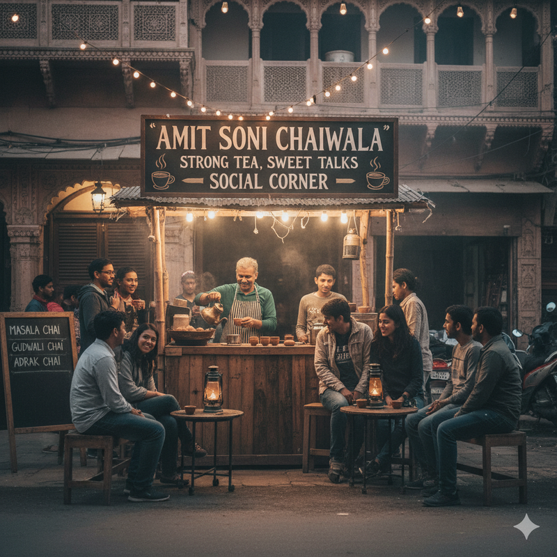 Amit Soni Chaiwala के सोशल कॉर्नर में दोस्तों के साथ चाय का आनंद लेते ग्राहक