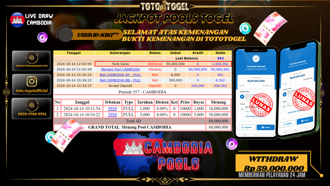 Bukti Kemenangan Permainan  Pools Togel Cambodia  ID : KIKI*** Terbayar Lunas!!