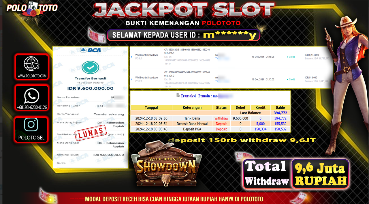 POLOTOTO JACKPOT SLOT WILD BOUNTY SHOWDOWN Rp.9,600.000,-