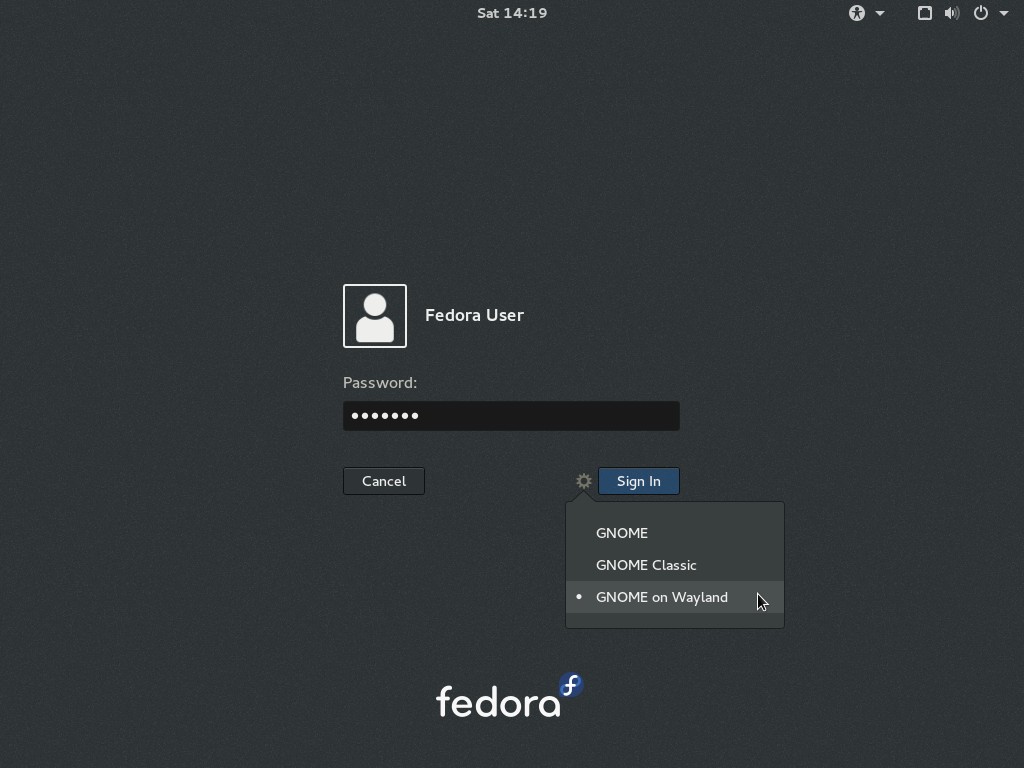 Login screen with &quot;GNOME on Wayland&quot; selected