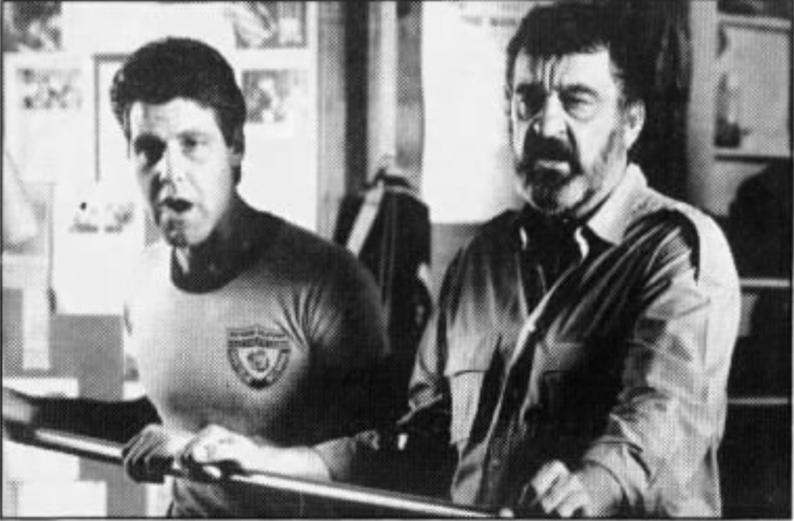 Trainer Joe Goossen and actor Victor French at Ten Goose Boxing, 1985