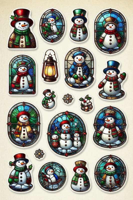 Christmas Stained Glass Snowman Stickers 4gt WTK