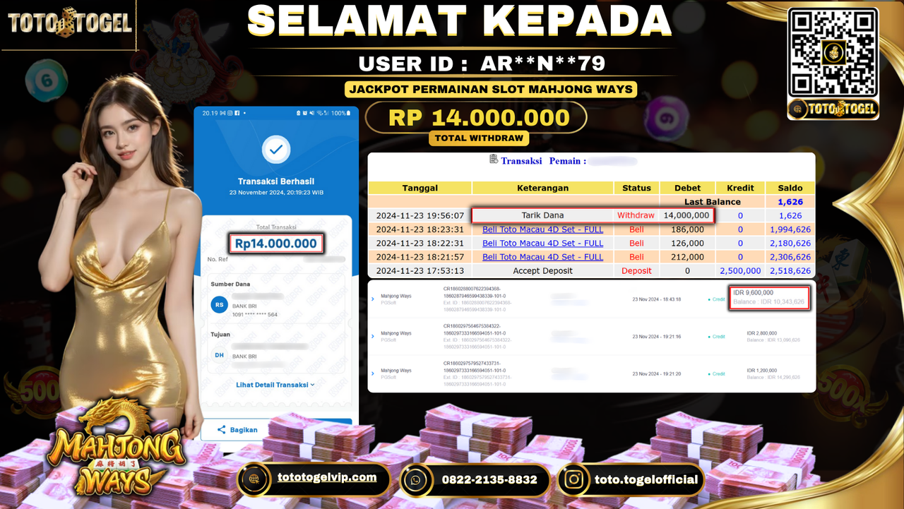 Bukti Pembayaran Jackpot Permainan Slot Mahjong Ways  ID: AR**N**79 LUNAS 