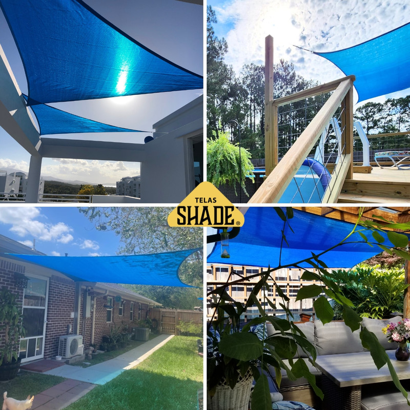 Blue shade screen installed to reduce heat outdoors