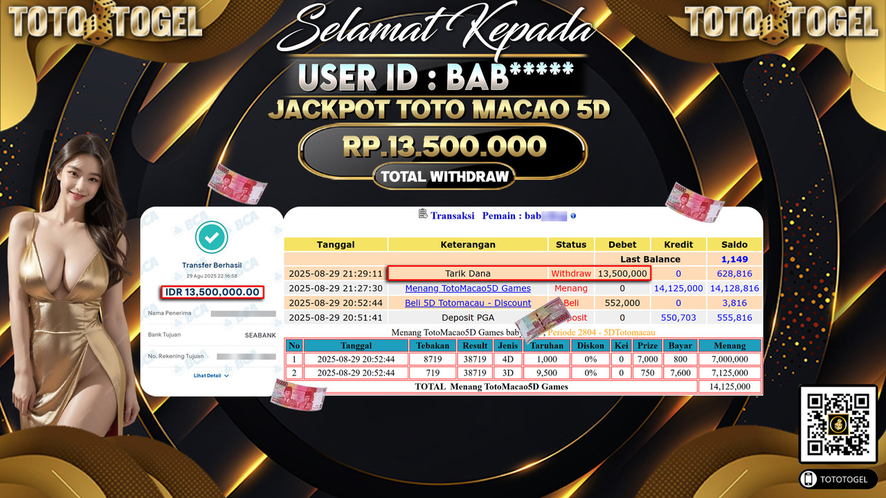Bukti Pembayaran Jackpot Permainan Togel Toto Macao 5D ID:BAB***** LUNAS