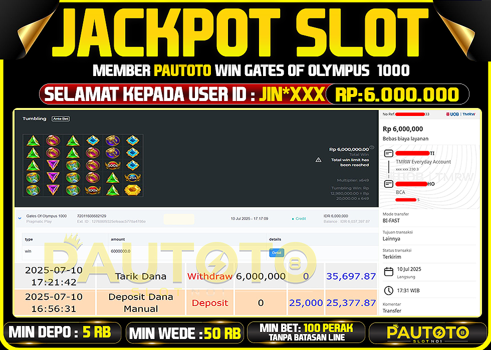 BUKTI PEMBAYARAN TGL 10 JULY 2025 MENANG DI PERMAINAN GATES OF OLYMPUS 1000 TOTAL WD 6 JUTA