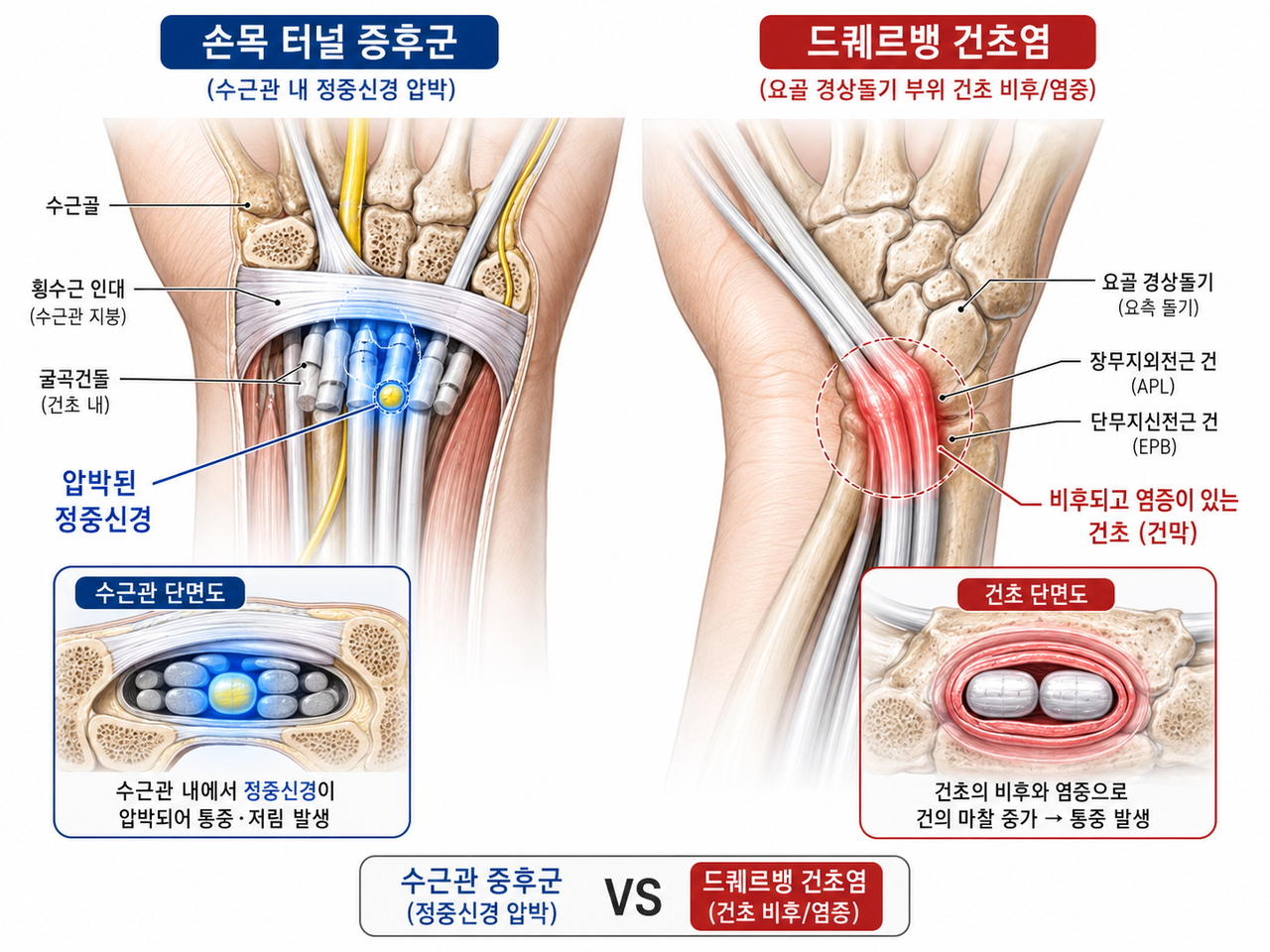 손목터널증후군과 드퀘르벵 건초염의 병소 비교 해부 일러스트