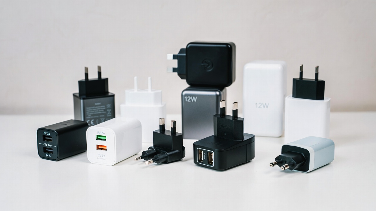 Fast charging wall adapters and power supplies showing different wattage ratings and connector types