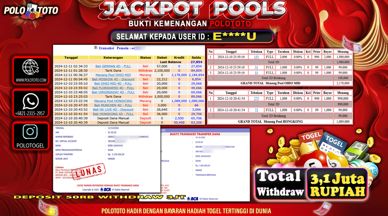 POLOTOTO JACKPOT TOGEL PASARAN HONGKONG & PASARAN OHIO MID Rp.3,100.000,-